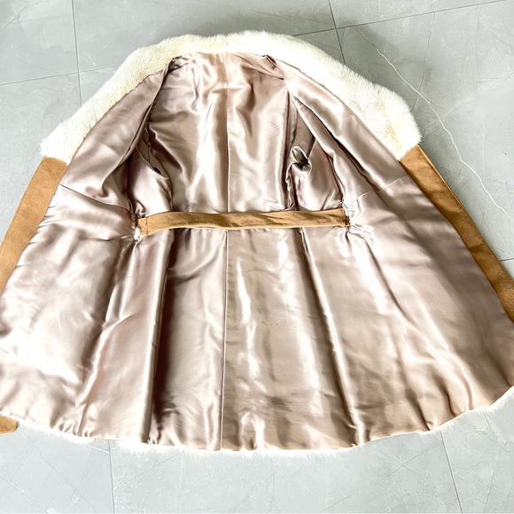 Genuine Geometric Cream w Light Gray Mink Tan Faux Suede Mid Jacket Coat Sz XS-M - Picture 13 of 15